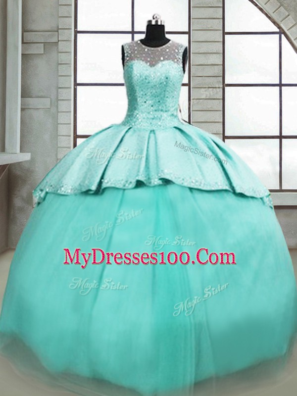 On Sale Turquoise Ball Gowns Scoop Sleeveless Tulle Brush Train Lace Up Beading Quinceanera Dress