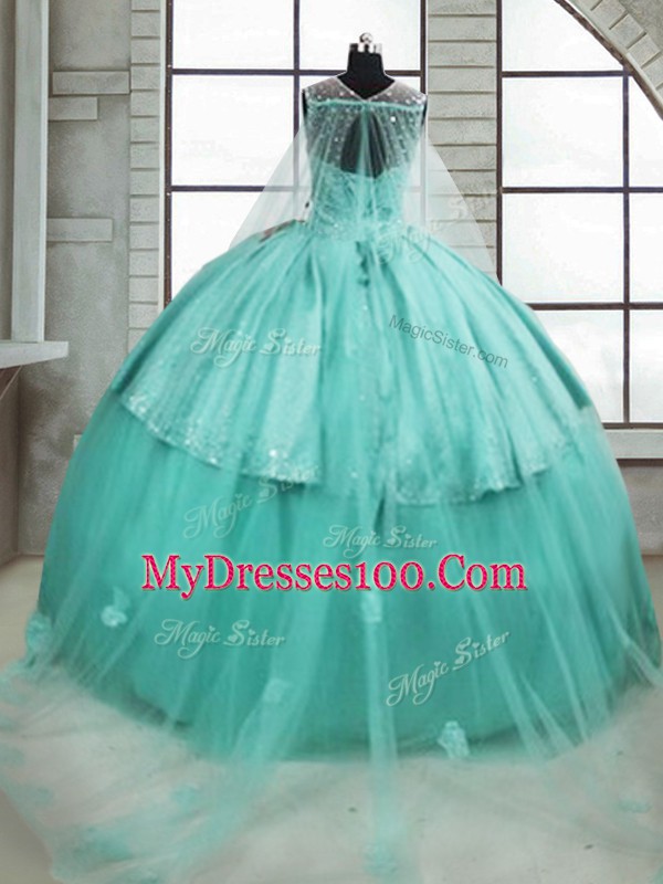 On Sale Turquoise Ball Gowns Scoop Sleeveless Tulle Brush Train Lace Up Beading Quinceanera Dress