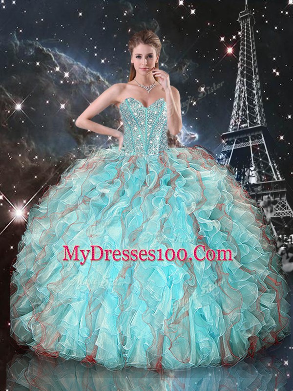 Floor Length Aqua Blue Sweet 16 Dresses Sweetheart Sleeveless Lace Up