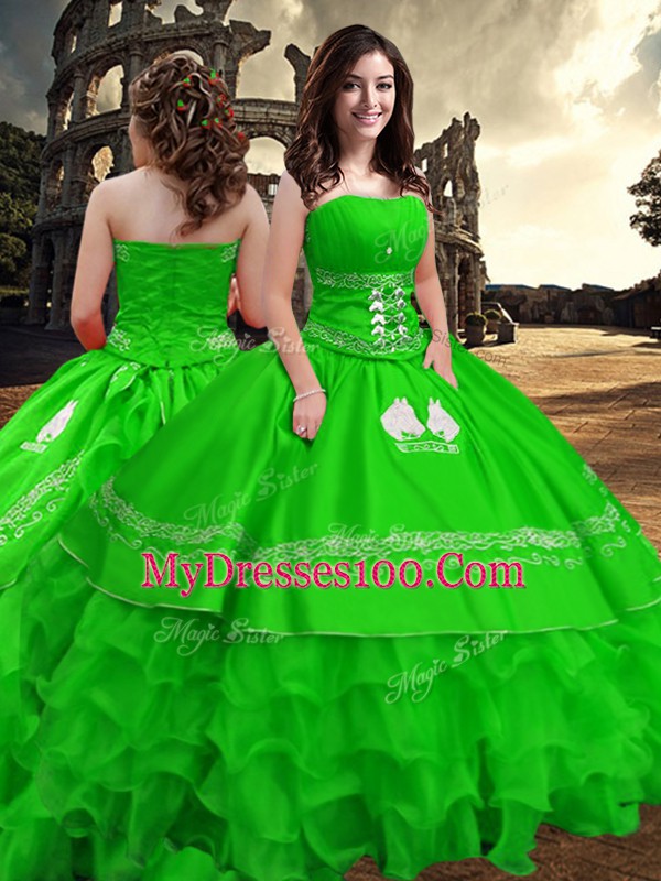 Superior Green Sleeveless Floor Length Embroidery and Ruffled Layers Zipper Quinceanera Dresses