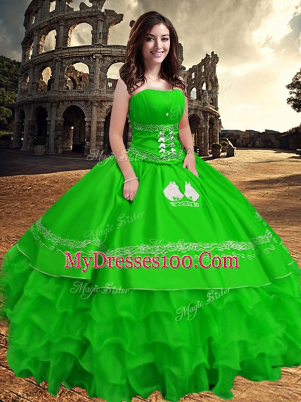 Superior Green Sleeveless Floor Length Embroidery and Ruffled Layers Zipper Quinceanera Dresses