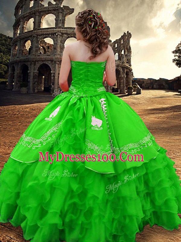 Superior Green Sleeveless Floor Length Embroidery and Ruffled Layers Zipper Quinceanera Dresses