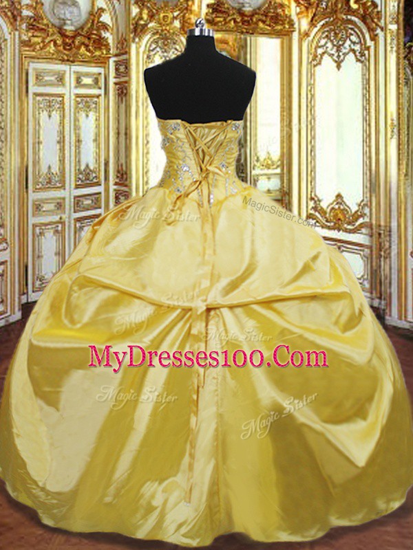 Super Strapless Sleeveless Lace Up Quinceanera Dress Gold Taffeta