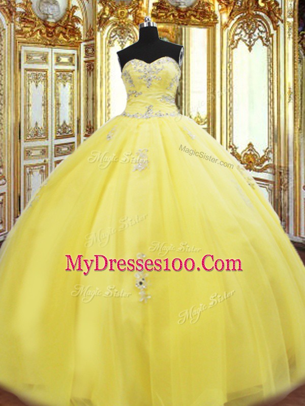 Exquisite Floor Length Yellow Quinceanera Gowns Tulle Sleeveless Beading and Appliques