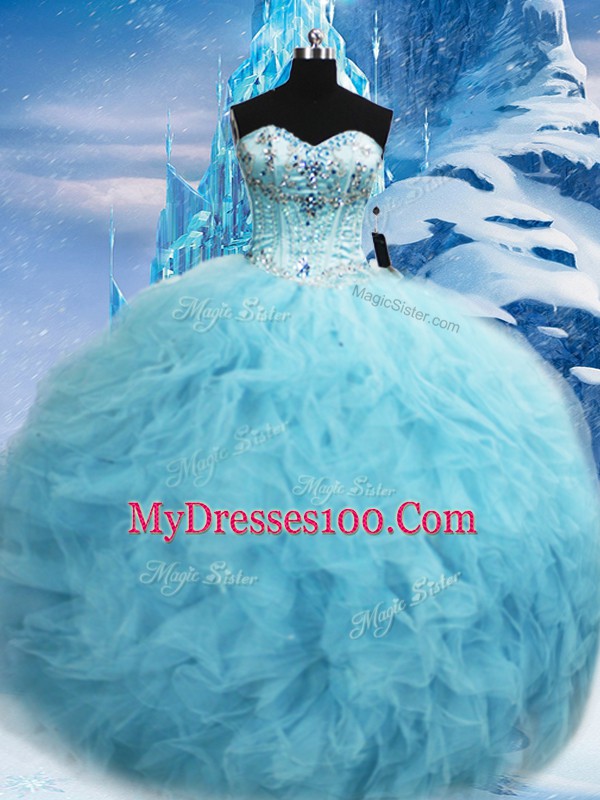 Deluxe Floor Length Aqua Blue 15th Birthday Dress Tulle Sleeveless Beading and Pick Ups