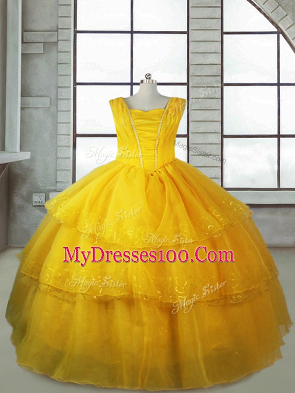 Most Popular Floor Length Gold Pageant Gowns For Girls Organza Sleeveless Ruffled Layers