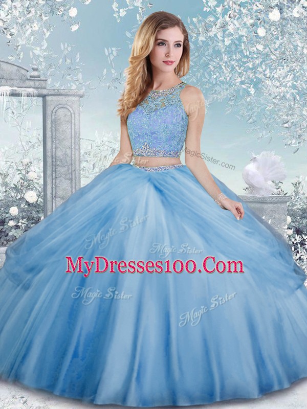 Wonderful Baby Blue Scoop Clasp Handle Beading Quinceanera Gown Sleeveless