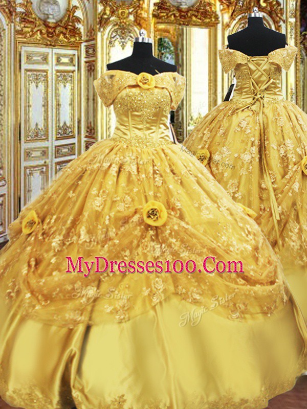 Beautiful Gold Sleeveless Tulle Lace Up Quinceanera Gowns for Military Ball and Sweet 16 and Quinceanera