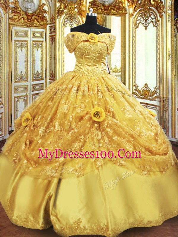 Beautiful Gold Sleeveless Tulle Lace Up Quinceanera Gowns for Military Ball and Sweet 16 and Quinceanera