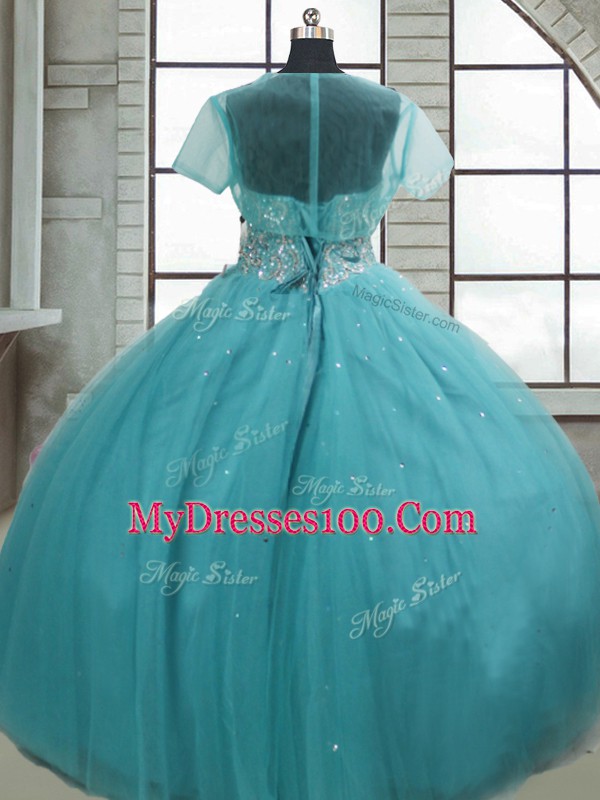 Fashion Floor Length Aqua Blue Quinceanera Dress Tulle Sleeveless Beading and Sequins