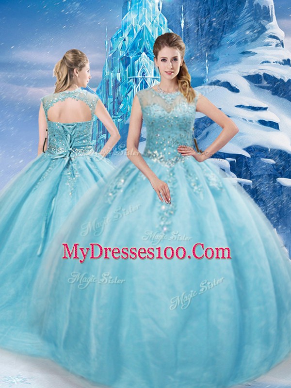 Superior Scoop Sleeveless Sweet 16 Dress Brush Train Beading Aqua Blue Tulle