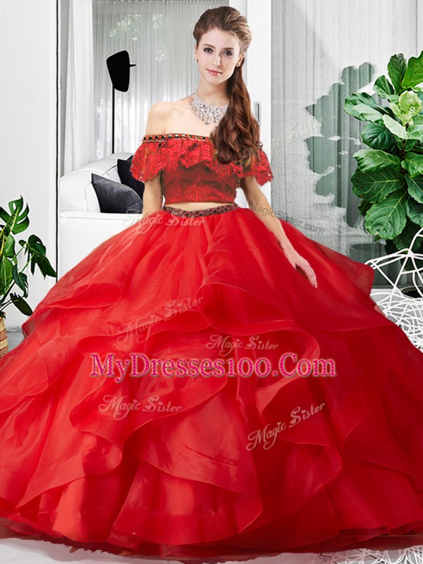 Red Off The Shoulder Neckline Lace and Ruffles 15 Quinceanera Dress Sleeveless Lace Up