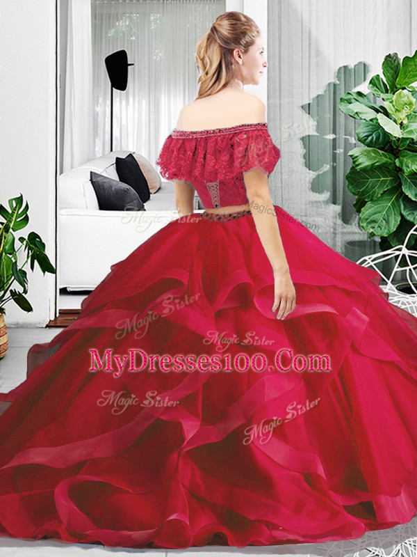 Red Off The Shoulder Neckline Lace and Ruffles 15 Quinceanera Dress Sleeveless Lace Up