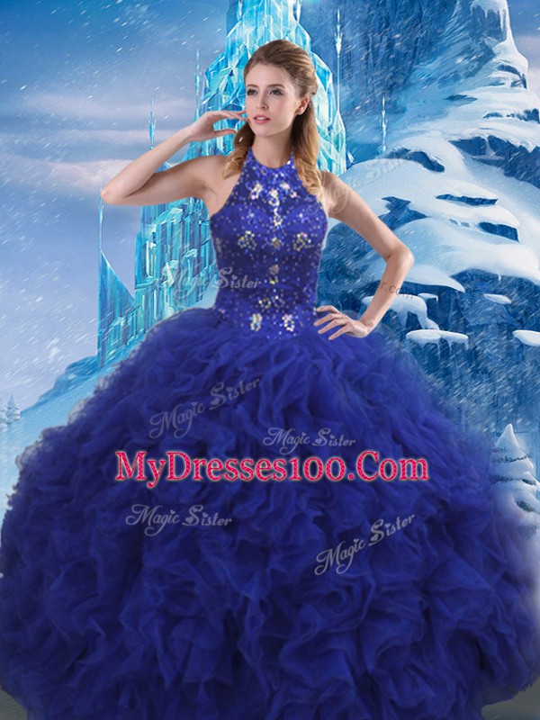 New Style Scoop Sleeveless Sweet 16 Quinceanera Dress Brush Train Beading and Ruffles Blue Organza