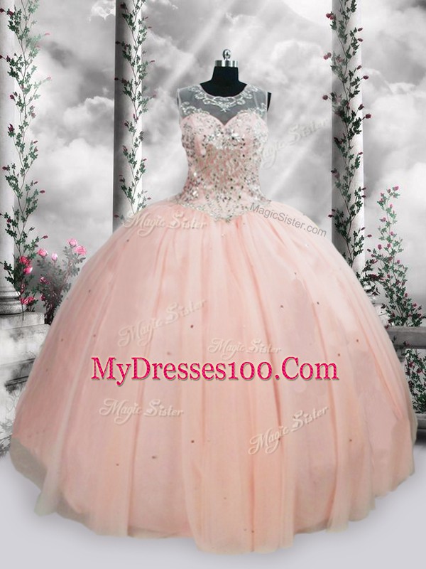 Comfortable Pink Lace Up Scoop Beading and Sequins Quinceanera Dresses Tulle Sleeveless