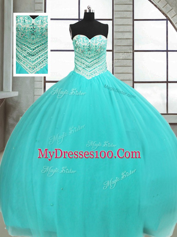 Fine Turquoise Lace Up Sweetheart Beading 15th Birthday Dress Tulle Sleeveless