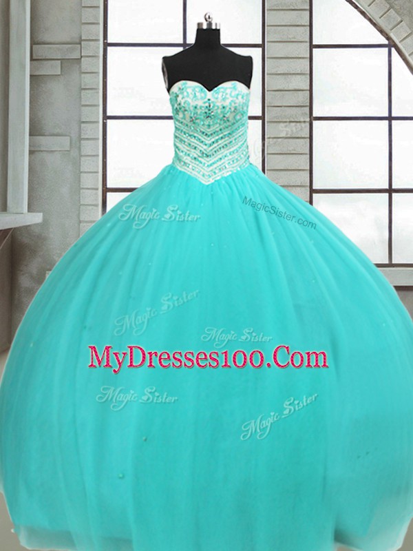 Fine Turquoise Lace Up Sweetheart Beading 15th Birthday Dress Tulle Sleeveless