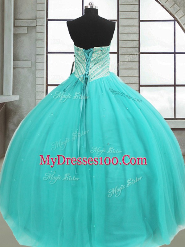 Fine Turquoise Lace Up Sweetheart Beading 15th Birthday Dress Tulle Sleeveless