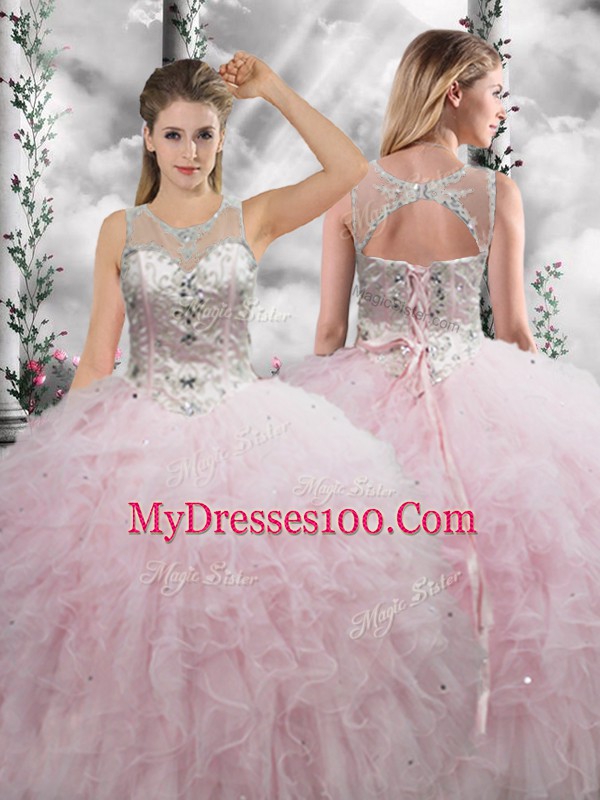 Hot Sale Beading and Ruffles Sweet 16 Dresses Baby Pink Lace Up Sleeveless Floor Length