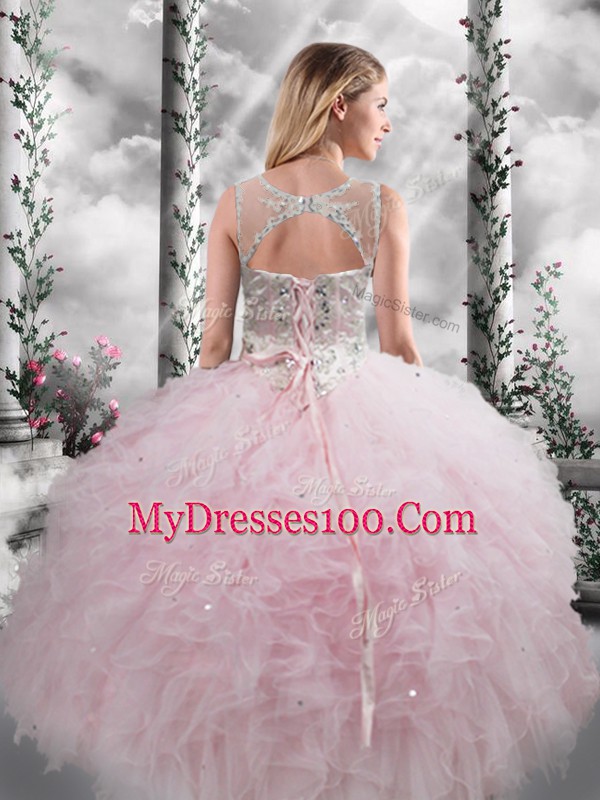 Hot Sale Beading and Ruffles Sweet 16 Dresses Baby Pink Lace Up Sleeveless Floor Length