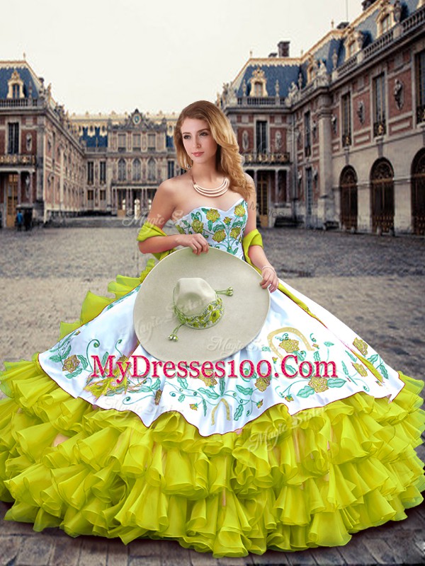 Nice Floor Length Ball Gowns Sleeveless Yellow Green 15 Quinceanera Dress Lace Up