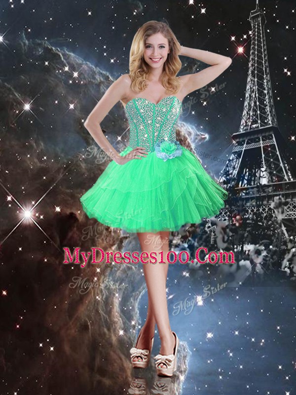 Apple Green Organza Lace Up Sweetheart Sleeveless Floor Length Ball Gown Prom Dress Ruffled Layers and Sequins