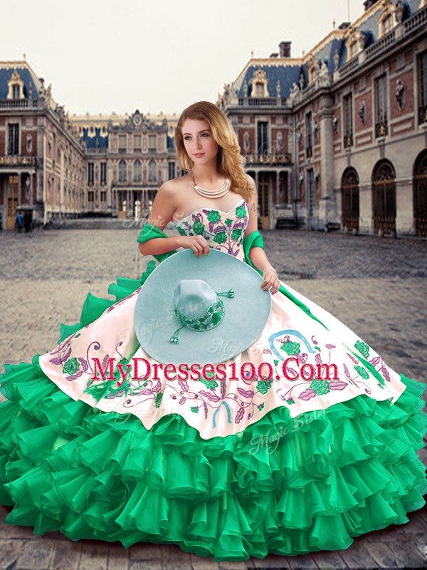 Sleeveless Organza and Taffeta Floor Length Lace Up 15 Quinceanera Dress in Green with Embroidery and Ruffled Layers