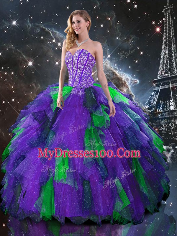 Multi-color Tulle Lace Up Quinceanera Gowns Sleeveless Floor Length Beading and Ruffles