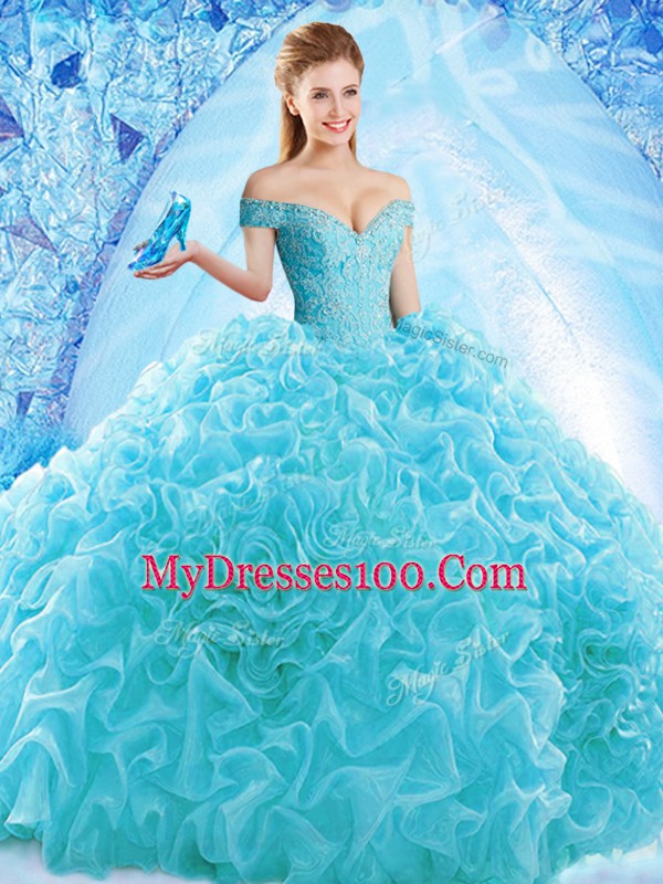 Brush Train Ball Gowns Quinceanera Dresses Aqua Blue Off The Shoulder Organza Cap Sleeves Lace Up