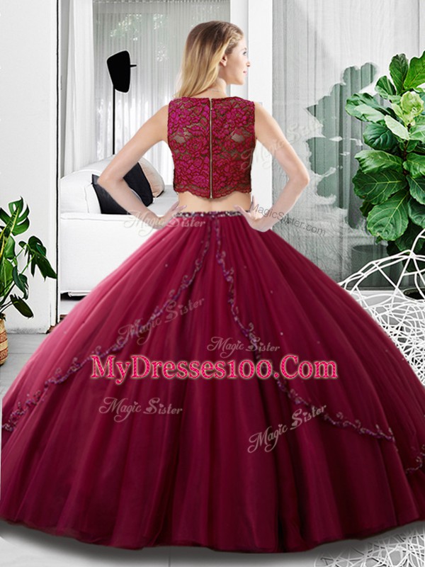 High Class Purple Two Pieces Lace and Ruching Sweet 16 Dresses Zipper Tulle Sleeveless Floor Length