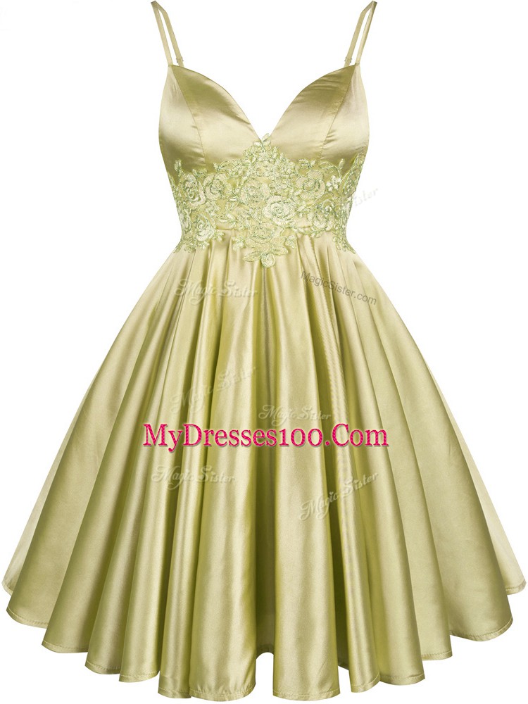 New Style Olive Green Lace Up Spaghetti Straps Lace Bridesmaids Dress Elastic Woven Satin Sleeveless