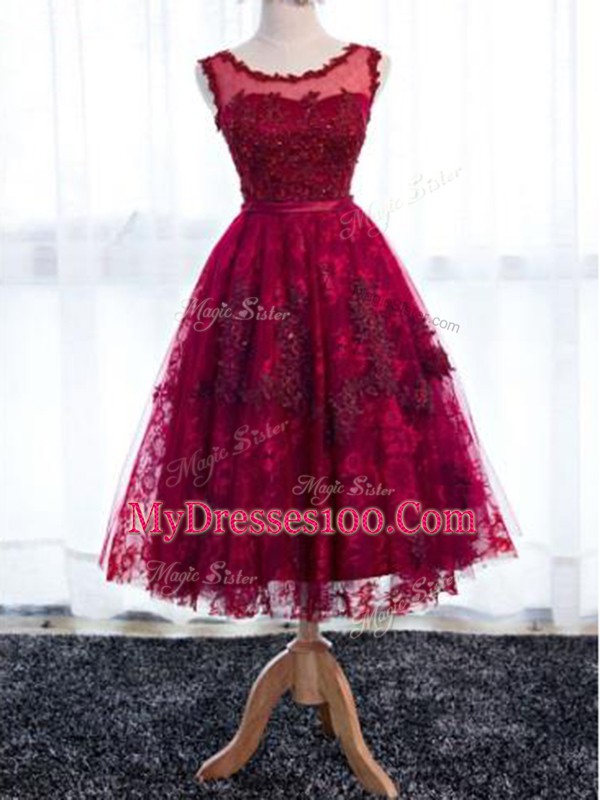 Fuchsia A-line Scoop Sleeveless Lace Tea Length Zipper Lace Damas Dress