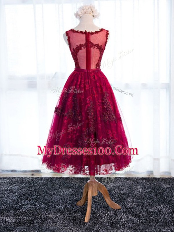 Fuchsia A-line Scoop Sleeveless Lace Tea Length Zipper Lace Damas Dress