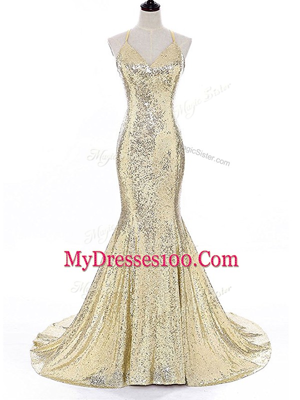 Lovely Straps Sleeveless Brush Train Backless Dress for Prom Gold Sequined