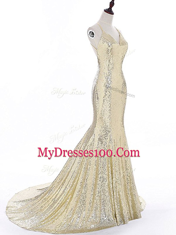 Lovely Straps Sleeveless Brush Train Backless Dress for Prom Gold Sequined