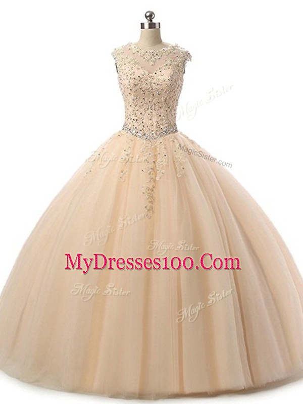 Chic Champagne Sleeveless Beading and Lace Floor Length Quinceanera Gown