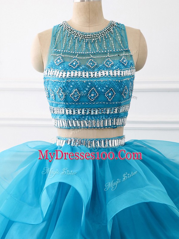 Pretty Brush Train Two Pieces Ball Gown Prom Dress Baby Blue Scoop Tulle Sleeveless Backless