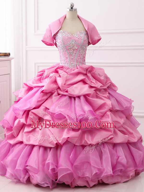 Organza and Taffeta Sweetheart Sleeveless Lace Up Beading and Ruffles and Pick Ups Quinceanera Gowns in Rose Pink