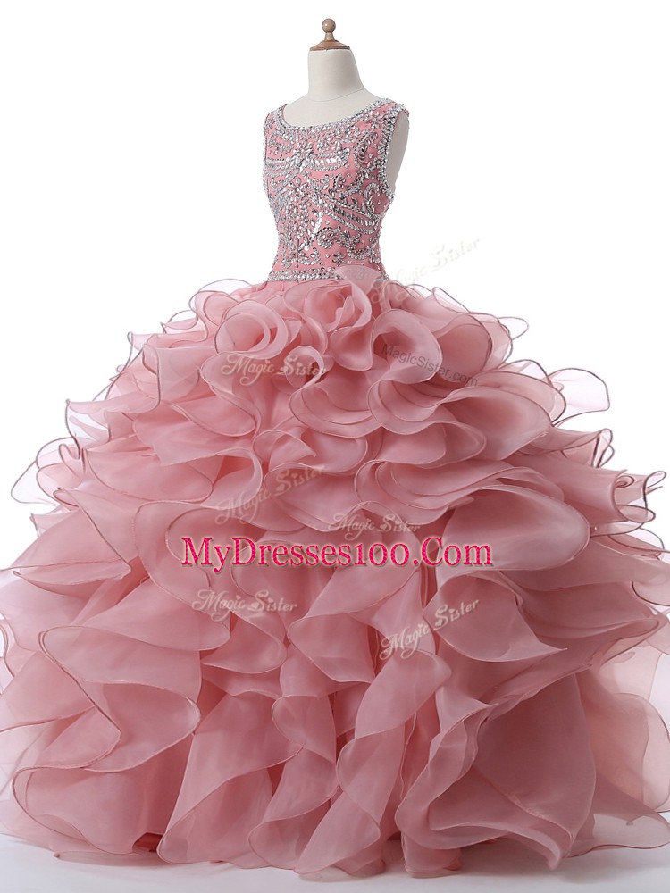 Sleeveless Floor Length Beading and Ruffles Zipper Quinceanera Dresses with Pink