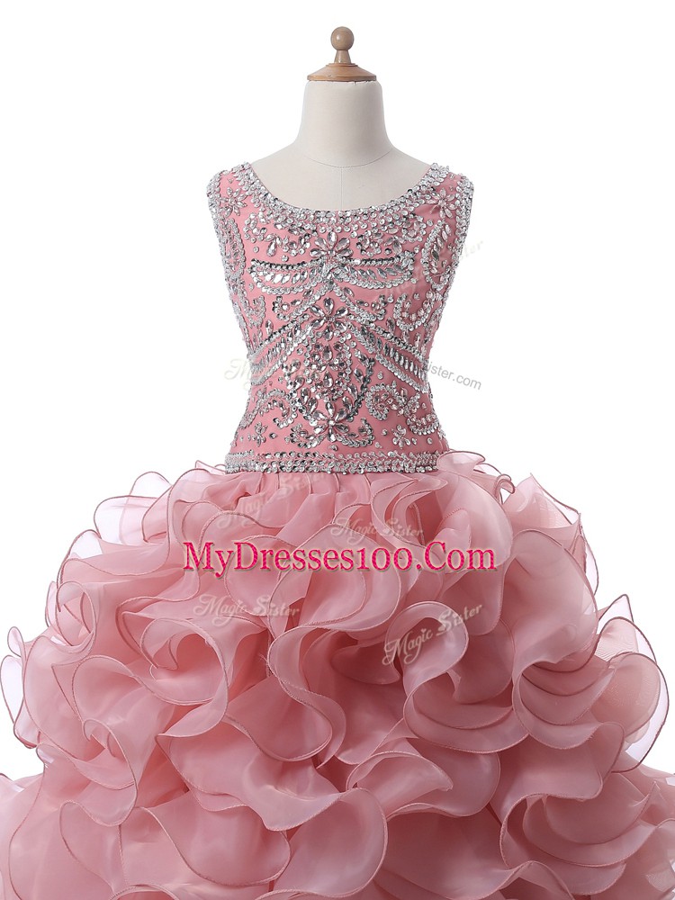 Sleeveless Floor Length Beading and Ruffles Zipper Quinceanera Dresses with Pink