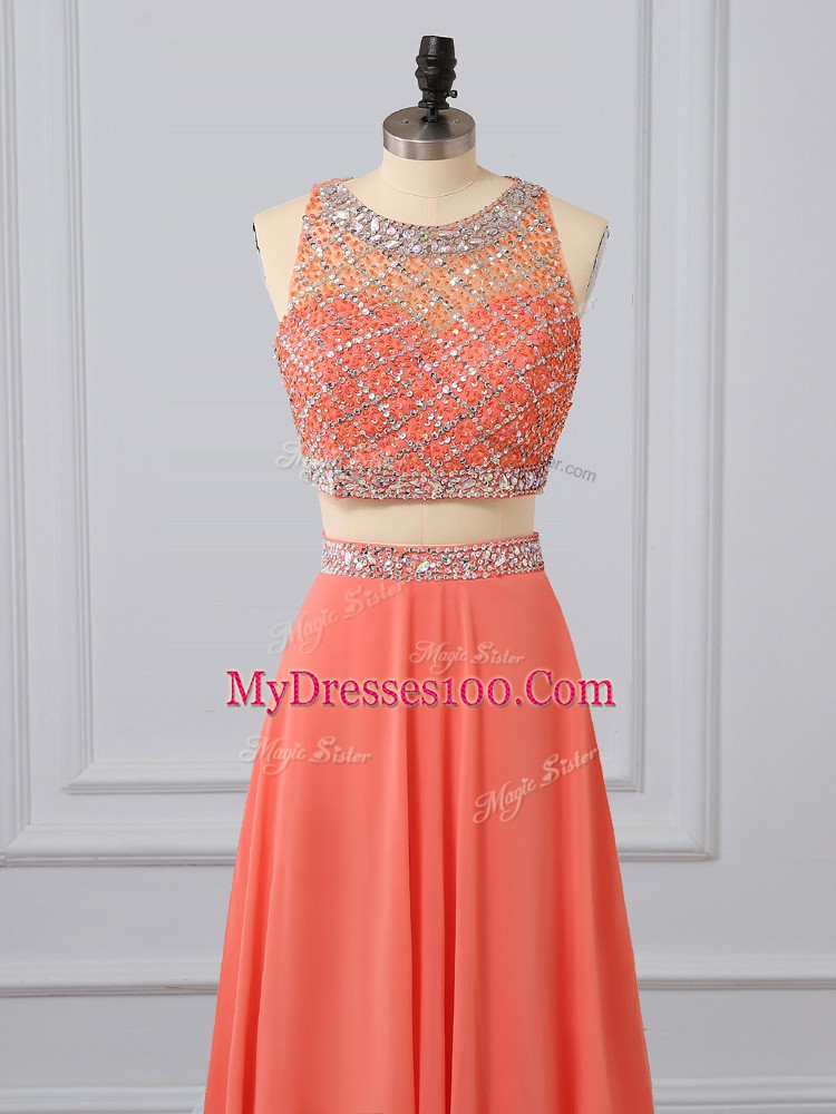 Chiffon Sleeveless Prom Dresses Brush Train and Beading