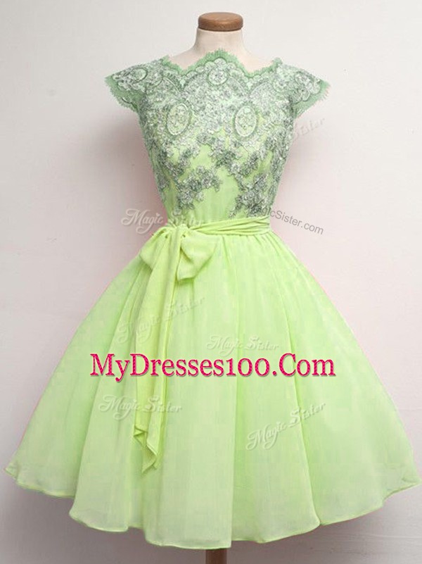 High Class Yellow Green Lace Up Dama Dress Lace and Belt Cap Sleeves Knee Length