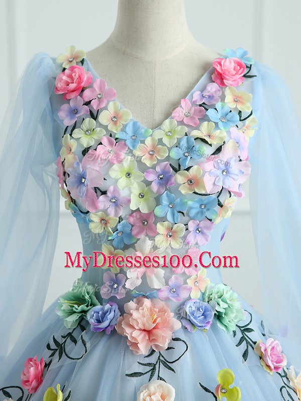 Light Blue V-neck Neckline Appliques and Hand Made Flower Quinceanera Dress Long Sleeves Lace Up