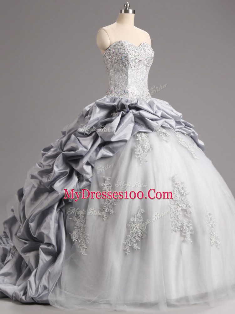 Lovely Taffeta and Tulle Sweetheart Sleeveless Brush Train Lace Up Beading and Appliques and Pick Ups Vestidos de Quinceanera in Silver