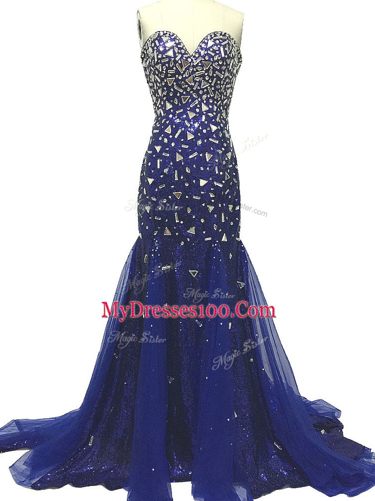 Royal Blue Mermaid Tulle Sweetheart Sleeveless Beading Zipper Prom Evening Gown Brush Train