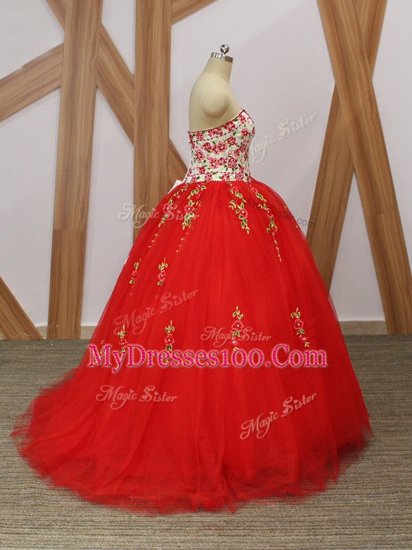 Cheap Red Sweet 16 Dresses Military Ball and Sweet 16 and Quinceanera with Embroidery and Ruffled Layers Sweetheart Sleeveless Sweep Train Lace Up