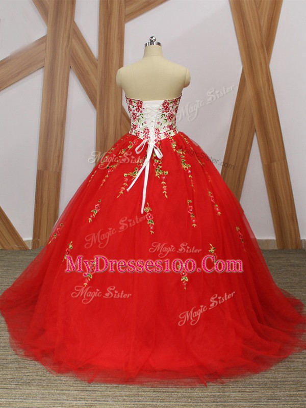 Cheap Red Sweet 16 Dresses Military Ball and Sweet 16 and Quinceanera with Embroidery and Ruffled Layers Sweetheart Sleeveless Sweep Train Lace Up