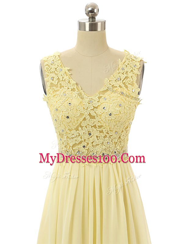 Light Yellow V-neck Neckline Beading and Lace and Appliques Prom Dresses Sleeveless Zipper