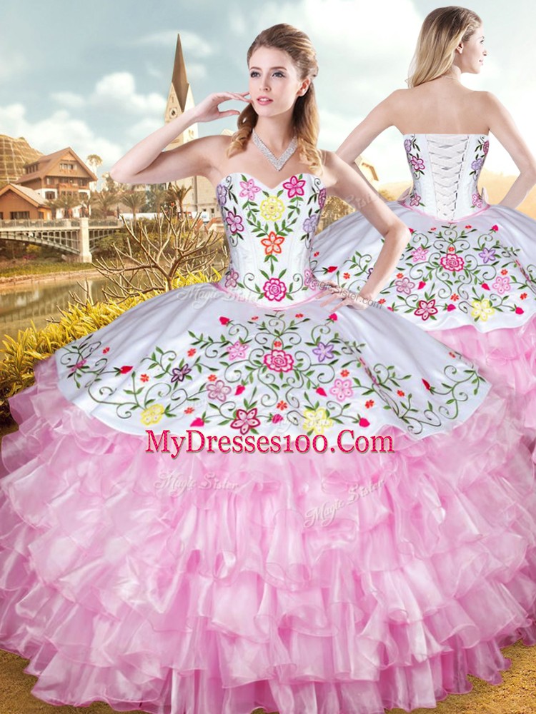 Rose Pink Ball Gowns Embroidery and Ruffled Layers Quinceanera Dress Lace Up Organza and Taffeta Sleeveless Floor Length