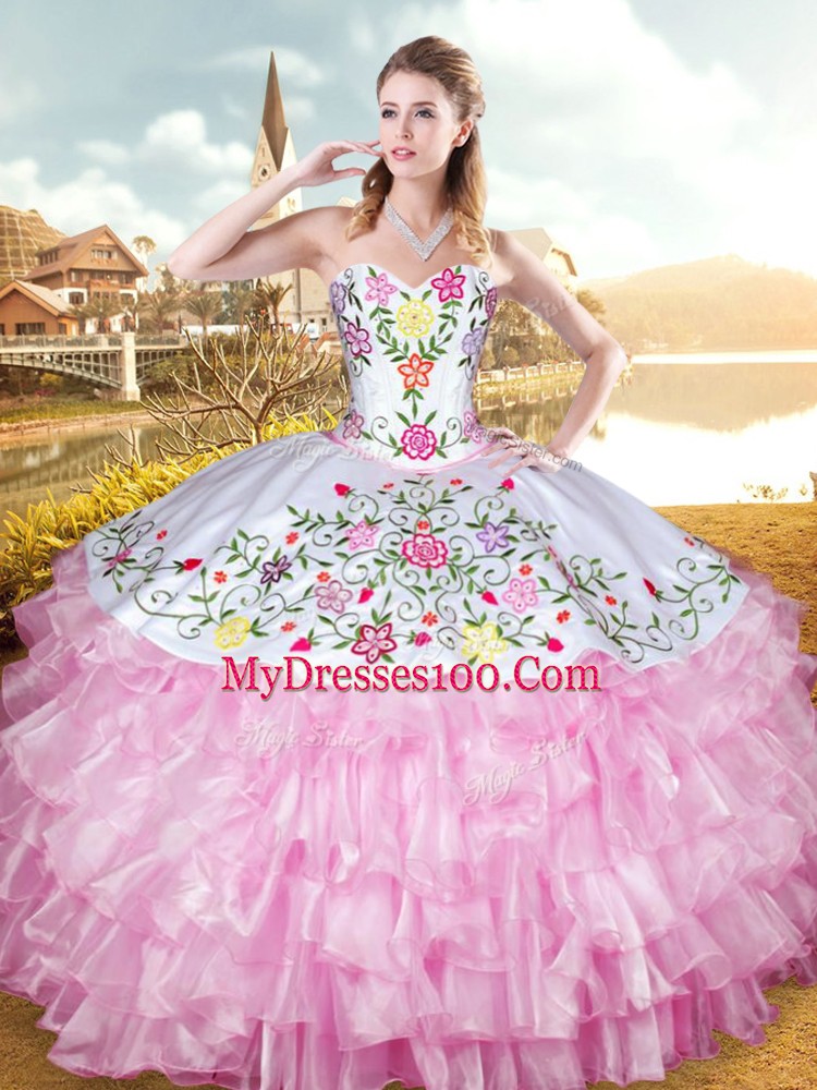 Rose Pink Ball Gowns Embroidery and Ruffled Layers Quinceanera Dress Lace Up Organza and Taffeta Sleeveless Floor Length